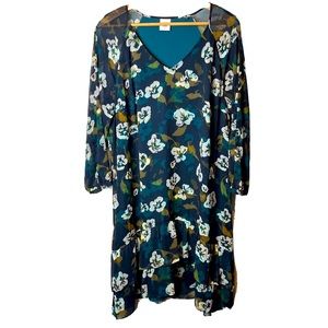 Cabi Pirouette Floral Tiered Ruffle Dress Blue Green Size XL Long Sleeve